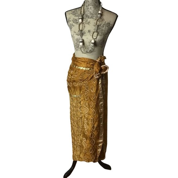 VTG Silk Bandhani Dupatta Shawl Gold Crinkle Wrap Zari Border India Artisan Boho - Picture 2 of 10